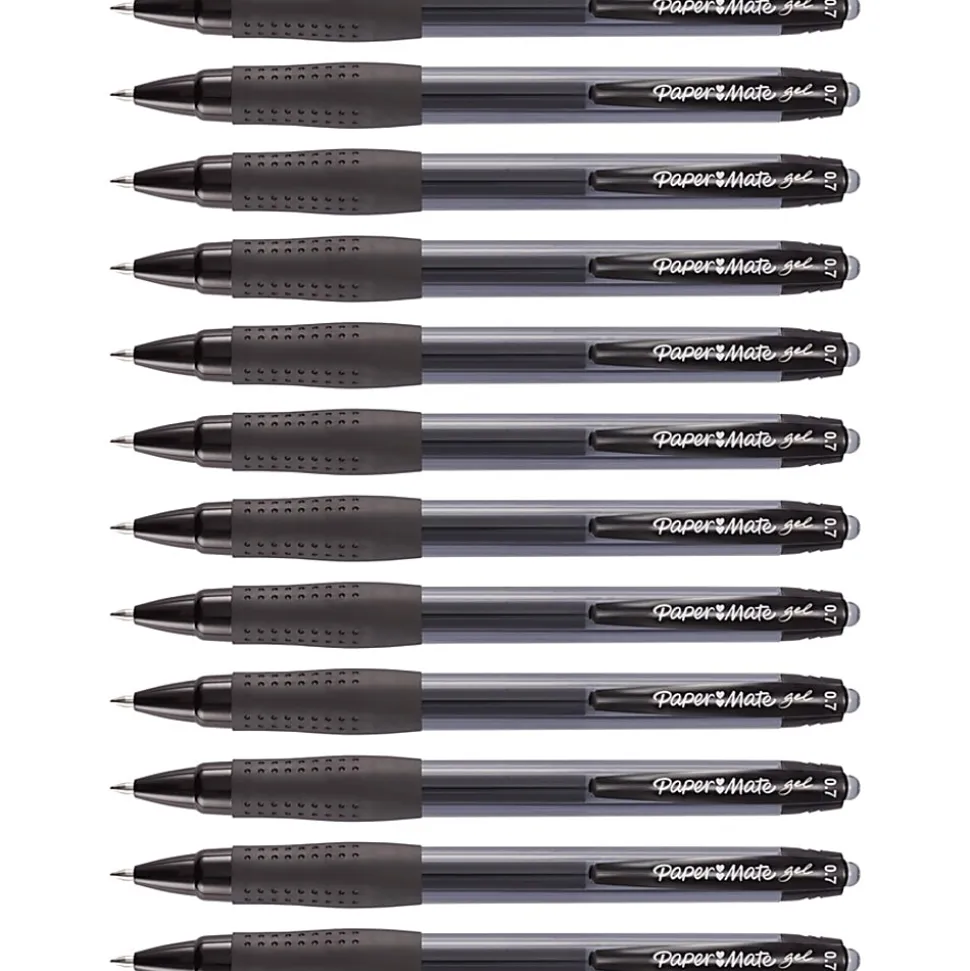 Paper Mate® Retractable Gel Pens, Medium Point, 0.7 mm, Black Barrel, Black Ink, Pack Of 12