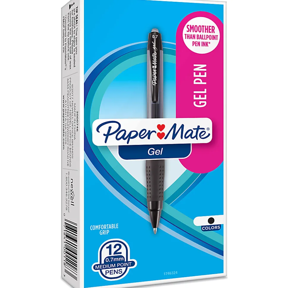 Paper Mate® Retractable Gel Pens, Medium Point, 0.7 mm, Black Barrel, Black Ink, Pack Of 12