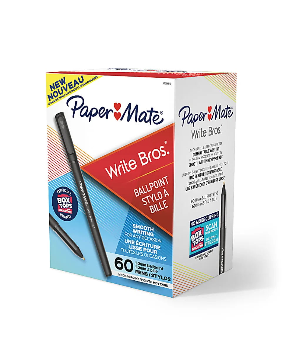 Paper Mate® Write Bros. Ballpoint Stick Pens, Medium Point, 1.0mm, Black Barrel, Black Ink, Pack Of 60