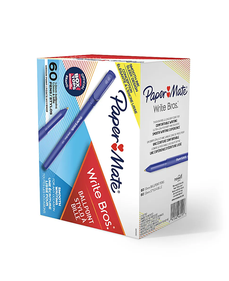Paper Mate® Write Bros. Ballpoint Stick Pens, Medium Point, 1.0 mm, Blue Barrel, Blue Ink, Pack Of 60