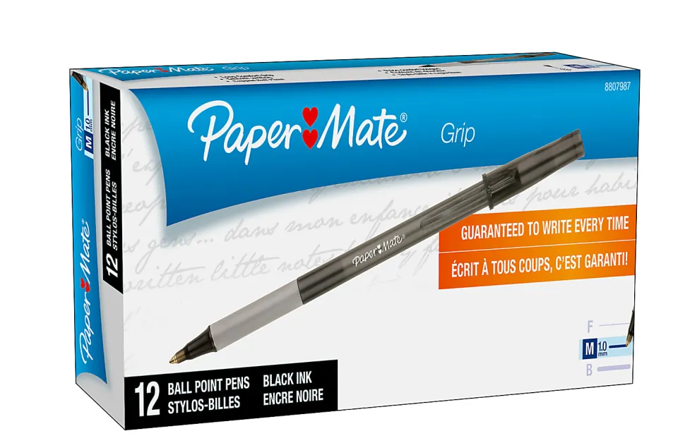Paper Mate® Write Bros.® Grip Ballpoint Stick Pens, Medium Point, 1.0 mm, Black Barrel, Black Ink, Pack Of 12