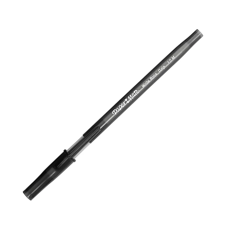 Paper Mate® Write Bros.® Grip Ballpoint Stick Pens, Medium Point, 1.0 mm, Black Barrel, Black Ink, Pack Of 12