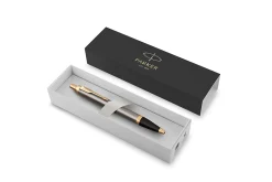 PARKER IM Ballpoint Pen, Grey Lacquer with Gold Trims, Medium Point, Blue Ink Refill, Gift Box