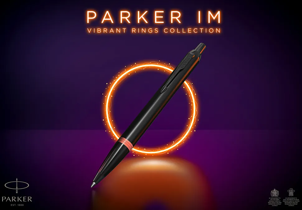 Parker IM Ballpoint Pen, Medium Point, 0.7 mm, Satin Black/Flame Orange Barrel, Blue Ink