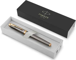 PARKER IM Rollerball Pen, Grey Lacquer with Gold Trims, Fine Stainless Steel Point, Black Ink Refill, Gift Box