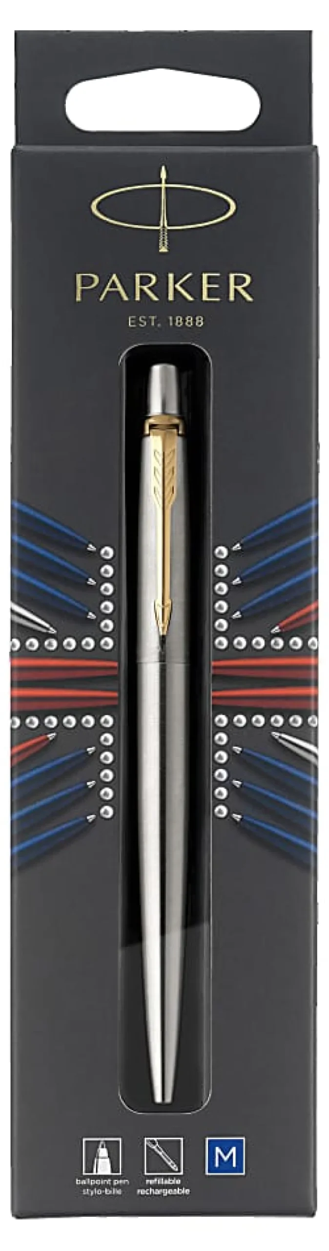 Parker® Jotter Ballpoint Pen, Medium Point, 0.7 mm, Silver/Gold Tone Barrel, Blue Ink