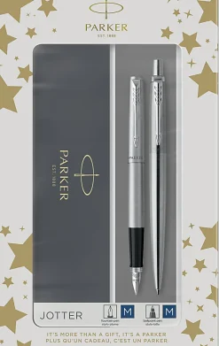 Parker® Jotter Duo Ballpoint And Fountain Pen Set, Medium Point, 0.7 mm, Silver Barrels, Blue Ink, Set Of 2 Pens
