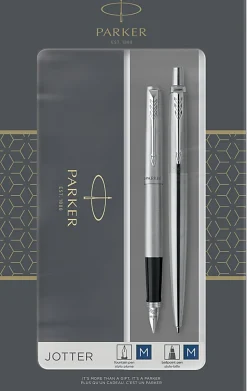 Parker® Jotter Duo Ballpoint And Fountain Pen Set, Medium Point, 0.7 mm, Silver Barrels, Blue Ink, Set Of 2 Pens