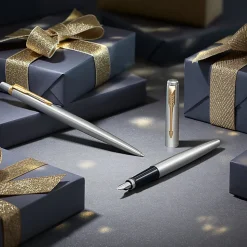 Parker Jotter Duo Gift Set with Ballpoint Pen & Fountain Pen, Stainless Steel with Gold Trim, Blue Ink Refill & Cartridges, Gift Box