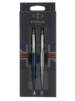 Parker® Jotter London Duo Pen Set, Medium Point, Blue/Stainless Steel Barrel, Blue/Black Ink, Set of 2 Pens