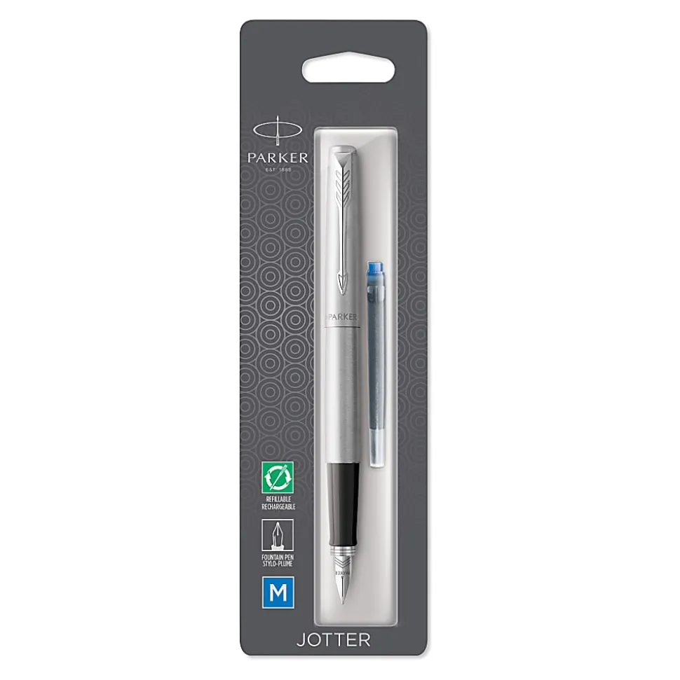 Parker® Jotter Stainless-Steel Fountain Pen, Medium Point, Silver Barrel, Blue Ink