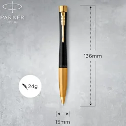 Parker® Urban Ballpoint Pen, Medium Point, 0.7 mm, Matte Black/Gold Barrel, Blue Ink