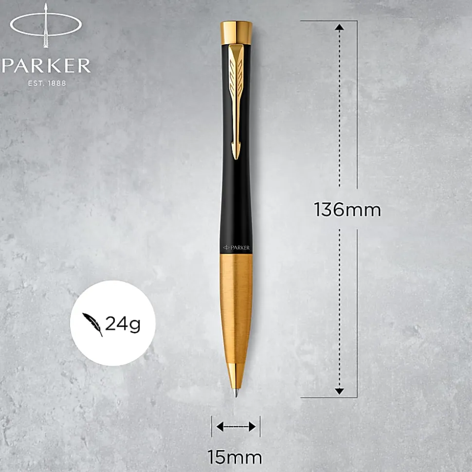 Parker® Urban Ballpoint Pen, Medium Point, 0.7 mm, Matte Black/Gold Barrel, Blue Ink