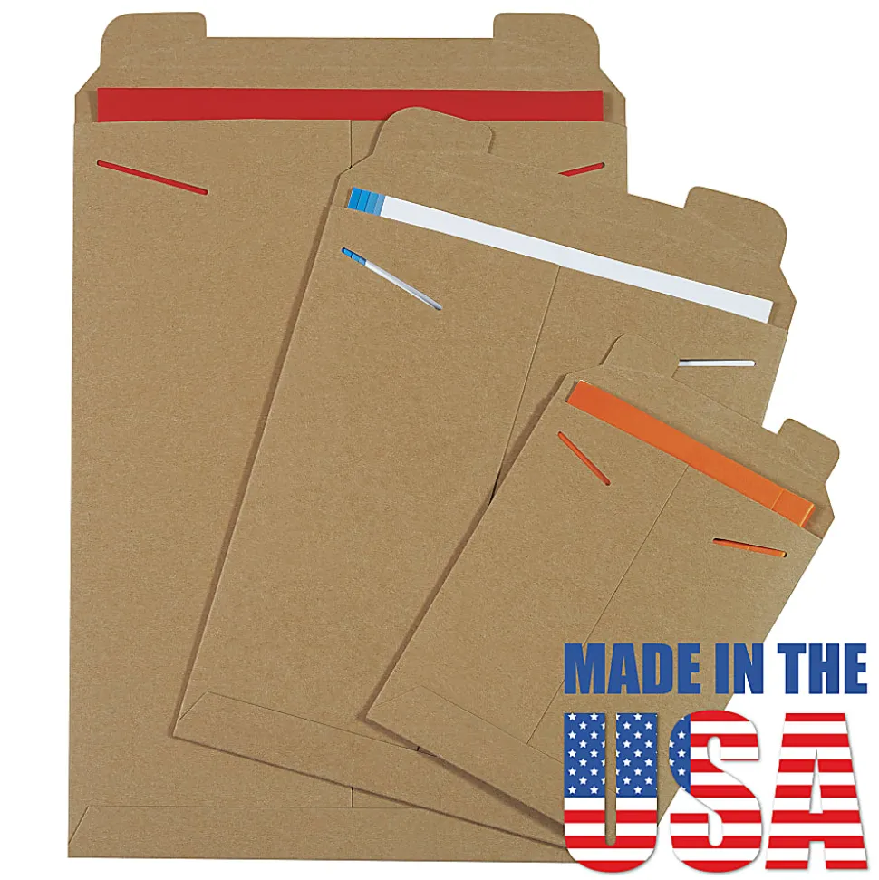 Partners Brand Kraft Stayflats® Flat Mailers, 9 3/4" x 12 1/4", Kraft Brown, Pack of 100