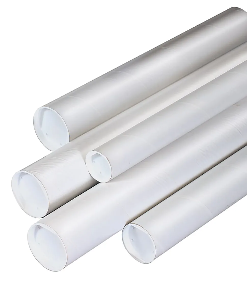 Partners Brand White Mailing Tubes With Plastic Endcaps, 2" x 15", 80% Recycled, Pack Of 50