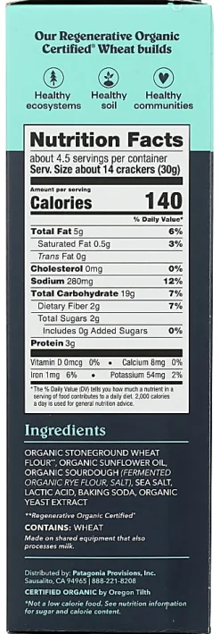 Patagonia Provisions Sourdough Sea Salt Crackers, 4.4 Oz, Total Qty 6