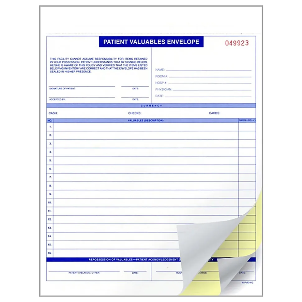 Patient Valuable Form And Paper Envelope, Sequentially Numbered, 3-Part, 9" x 12", Pack Of 1,000 Sets