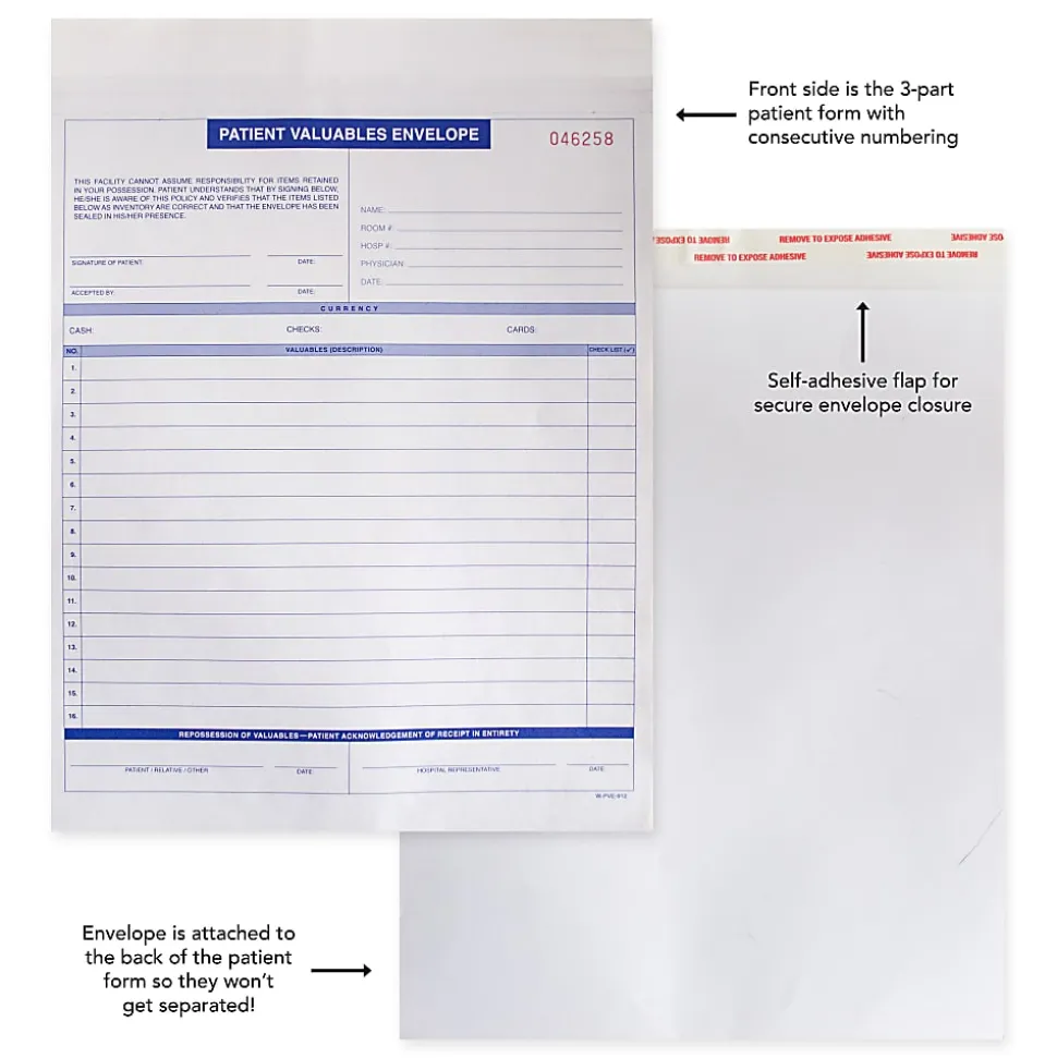 Patient Valuable Form And Paper Envelope, Sequentially Numbered, 3-Part, 9" x 12", Pack Of 1,000 Sets