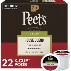 Peet's Coffee Decaf House Blend Coffee Keurig Single Serve K-Cup Pods, 22 Pods Per Pack, Case Of 4 Packs