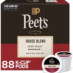 Peet's Coffee House Blend Keurig Single Serve K-Cup Pods, Dark Roast, 88 Count (4 Boxes of 22)