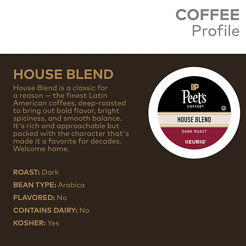 Peet's Coffee House Blend Keurig Single Serve K-Cup Pods, Dark Roast, 88 Count (4 Boxes of 22)