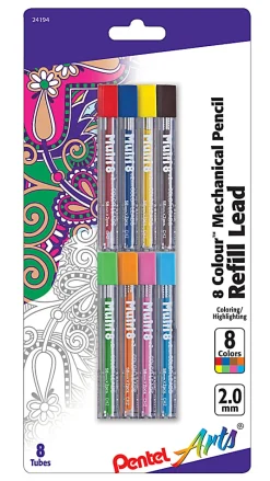 Pentel Arts® Lead Pencil Refills, 2.0 mm, Assorted Colors, Pack Of 8