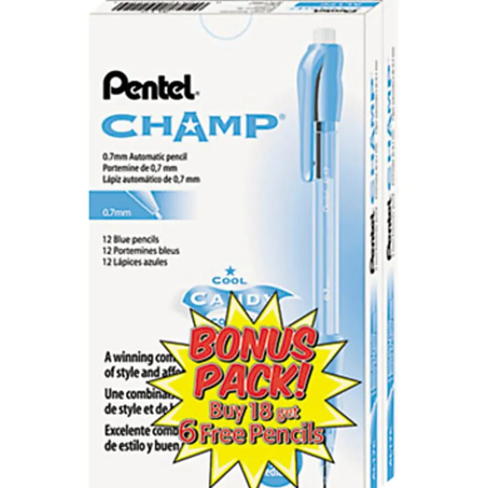 Pentel Champ Mechanical Pencils, 0.7 mm, #2 Lead, Blue Barrel, Pack Of 24