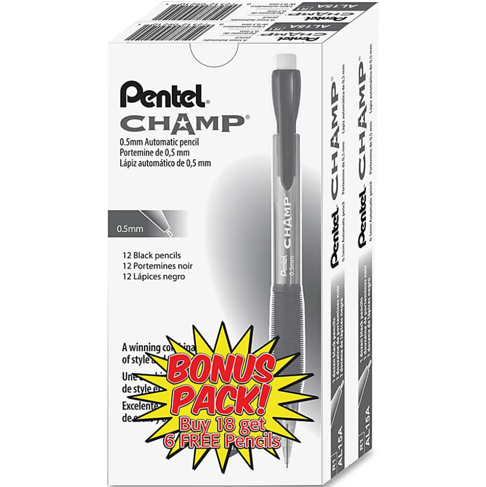 Pentel® Champ® Mechanical Pencil, 0.5mm, #2 Lead, Black Barrel, Pack Of 24