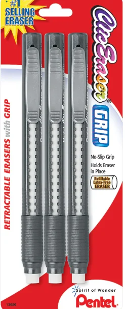 Pentel® Clic Erasers®, 5", Assorted Barrel Colors, Pack Of 3