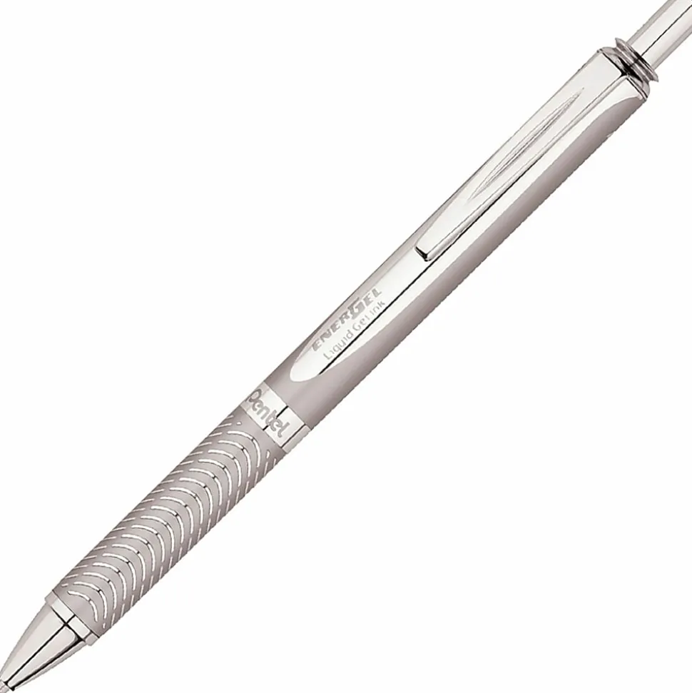 Pentel® EnerGel Alloy Retractable Gel Pens, Medium Point, 0.7 mm, Metallic Silver Barrel, Black Ink