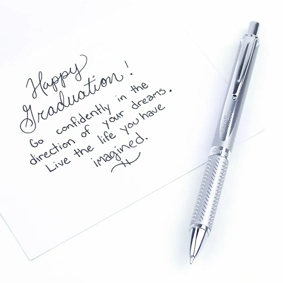 Pentel® EnerGel Alloy Retractable Gel Pens, Medium Point, 0.7 mm, Metallic Silver Barrel, Black Ink