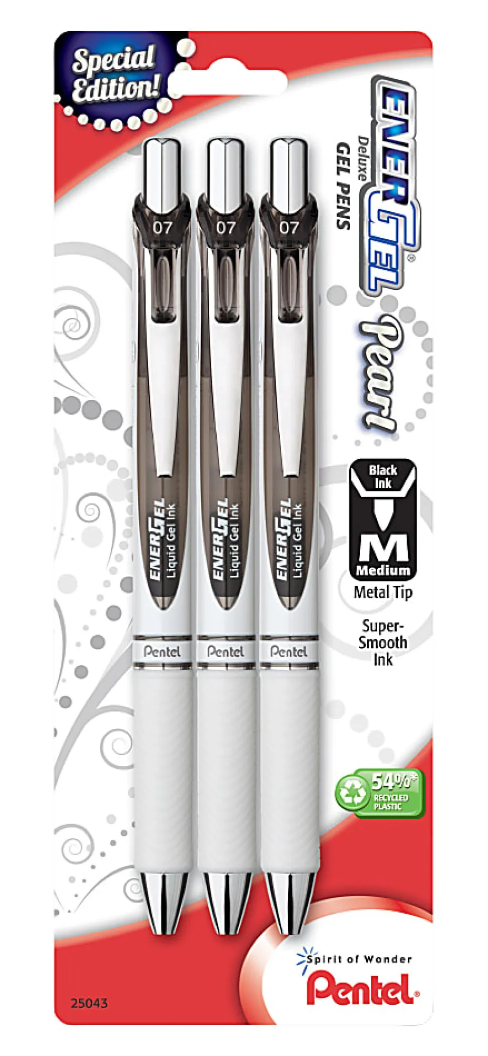 Pentel® EnerGel™ Deluxe Pearl Pens, Medium Point, 0.7 mm, 54% Recycled, Pearl White Barrel, Black Ink, Pack Of 3 Pens