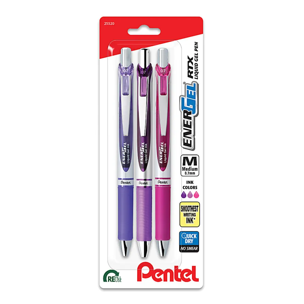 Pentel® EnerGel® Deluxe RTX Gel Pens, Medium Point, 0.7 mm, Assorted Barrels, Assorted Ink, Passion Expressions, Pack Of 3 Pens