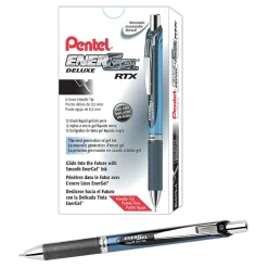 Pentel® EnerGel⢠Deluxe RTX Retractable Liquid Gel Pens, Fine Point, 0.5 mm, 54% Recycled, Blue Barrel, Black Ink, Pack Of 12 Pens