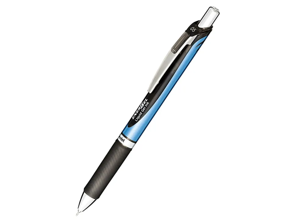 Pentel® EnerGel™ Deluxe RTX Retractable Liquid Gel Pens, Fine Point, 0.5 mm, 54% Recycled, Blue Barrel, Black Ink, Pack Of 12 Pens
