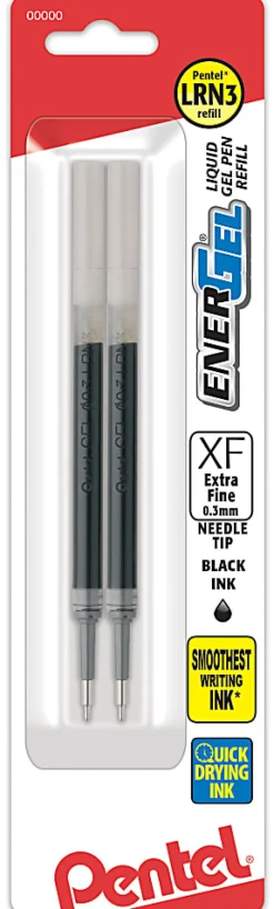 Pentel EnerGel Liquid Gel Pen Refill, 0.3 mm, Black, Pack Of 2