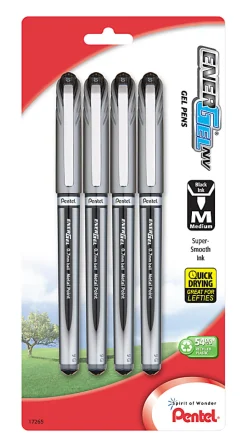Pentel® EnerGel™ LiquidGel Rollerball Pen, Medium Point, 0.7 mm, Gray Barrel, Black Ink, Pack of 4