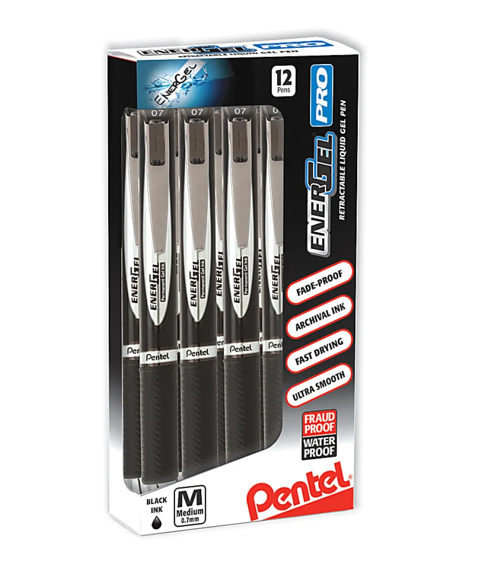 Pentel® EnerGel Pro Rollerball Pens, Medium Point, 0.7 mm, Black Barrel, Black Ink, Pack of 12