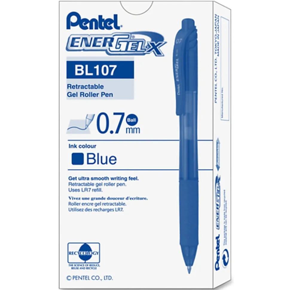Pentel® EnerGel™ Retractable Gel Pens, Medium, 0.7 mm, 84% Recycled, Blue Barrel, Blue Ink, Pack Of 12 Pens