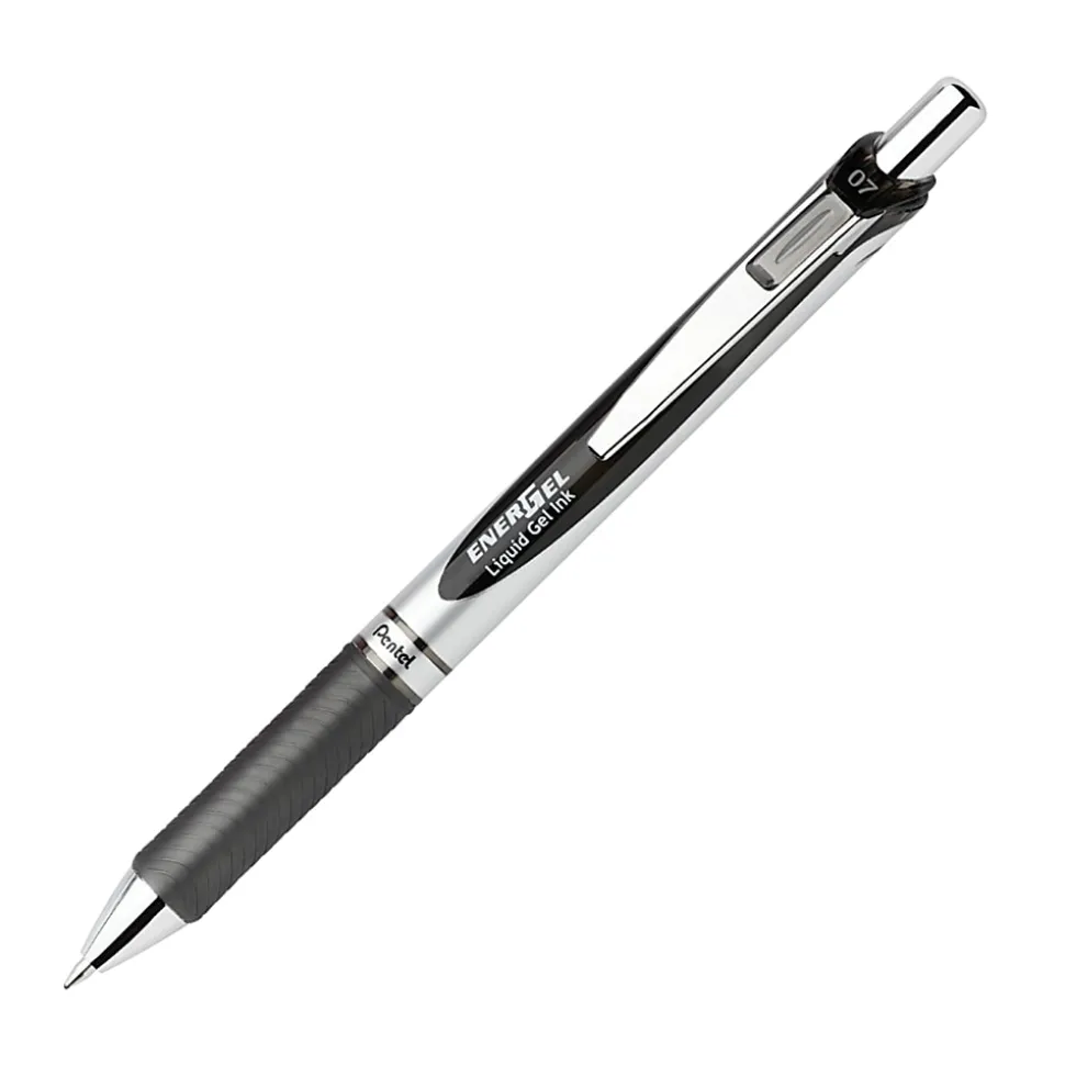 Pentel® EnerGel™ Retractable Liquid Gel Pens, Medium Point, 0.7 mm, Silver Barrel, Black Ink, Pack Of 12