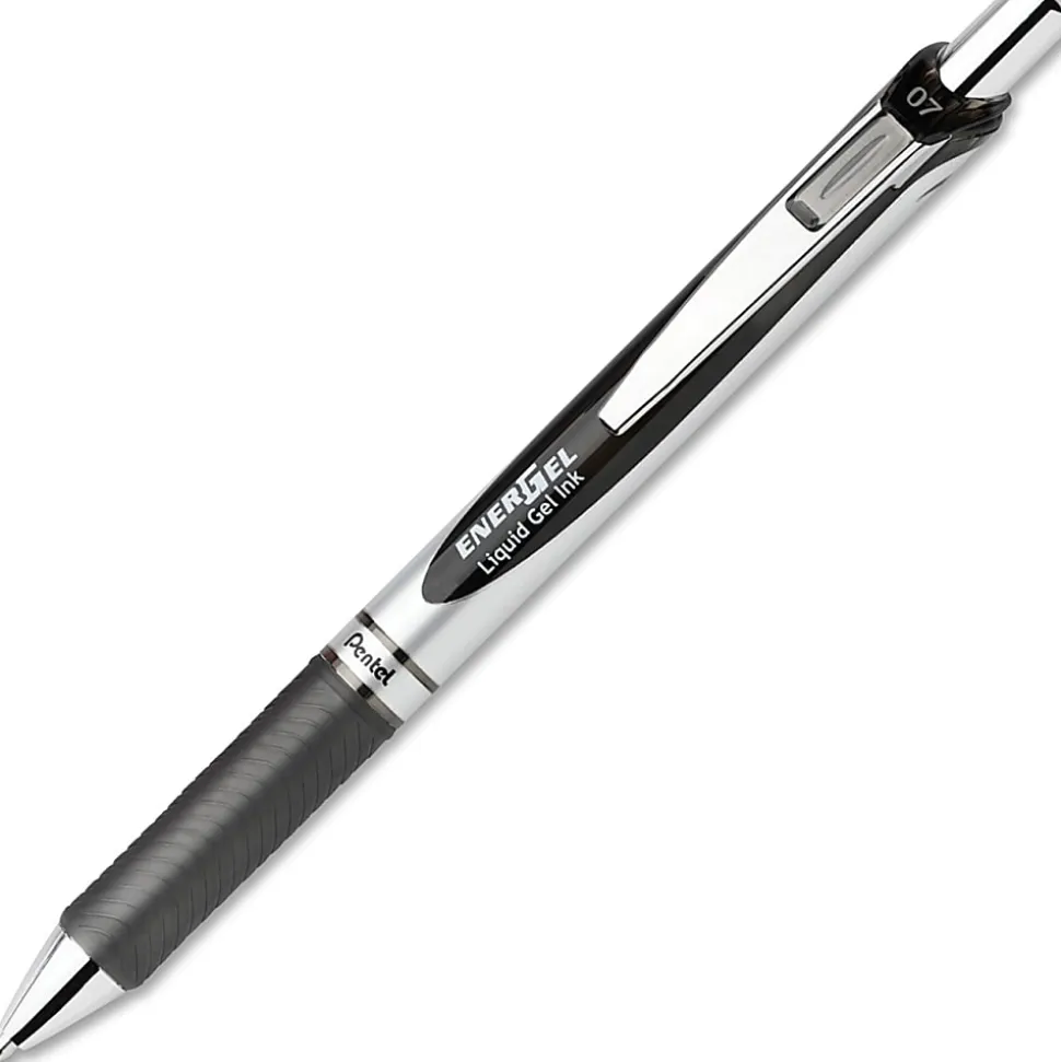 Pentel® EnerGel™ Retractable Liquid Gel Pens, Medium Point, 0.7 mm, Silver Barrel, Black Ink, Pack Of 12