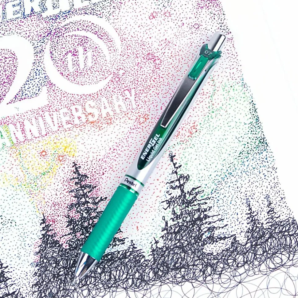 Pentel® EnerGel™ RTX Retractable Liquid Gel Pen, Medium Point, 0.7 mm, 54% Recycled, Assorted Barrels, Green Ink