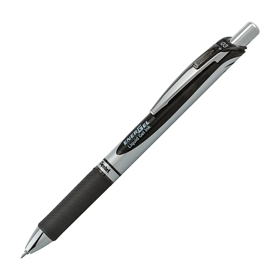 Pentel EnerGel RTX Retractable Liquid Gel Pens, Needle Point, 0.3 mm, Black/Silver Barrel, Black Ink, Pack Of 12