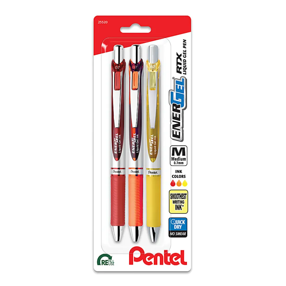 Pentel® EnerGel™ RTX Retractable Liquid Gel Pens, 3pk, Medium Point, 0.7mm, Assorted