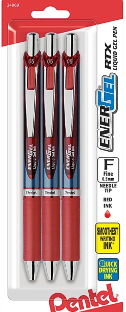 PentelĀ® EnerGelĀ® RTX Retractable Liquid Gel Pens, Fine Point, 0.5mm, 54% Recycled, Assorted Barrel Colors, Red Ink, Pack Of 3 Pans
