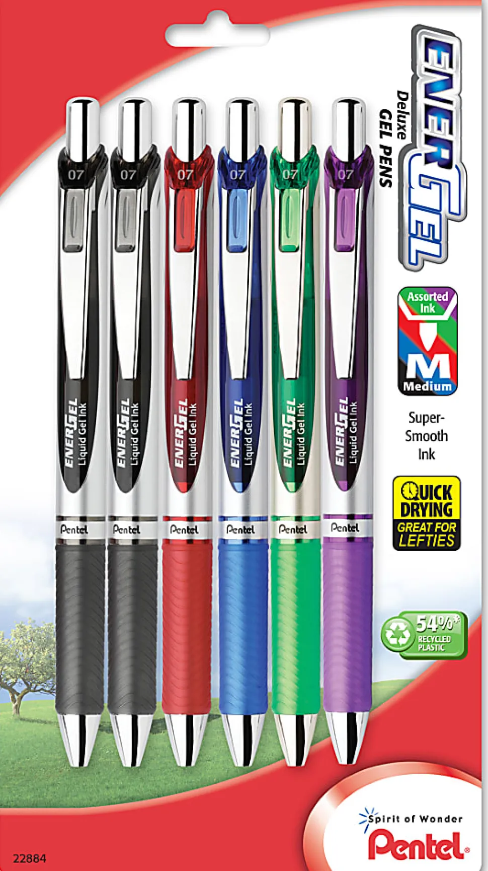 Pentel® EnerGel™ RTX Retractable Liquid Gel Pens, Medium Point, 0.7 mm, 54% Recycled, Silver Barrel, Assorted Ink Colors, Pack Of 6 Pens