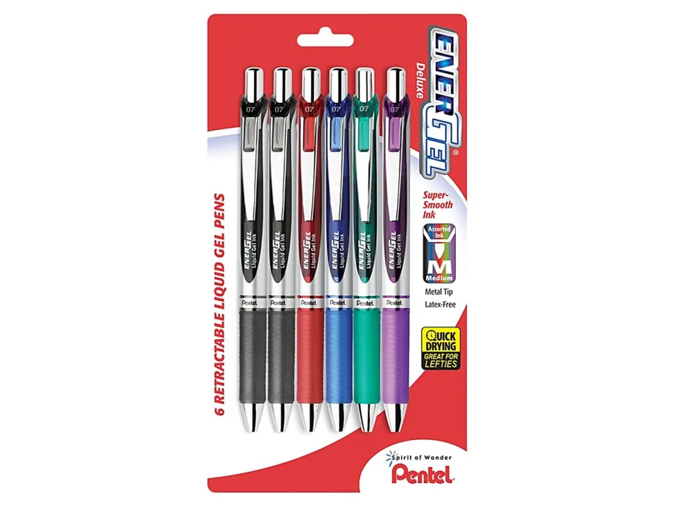 Pentel® EnerGel™ RTX Retractable Liquid Gel Pens, Medium Point, 0.7 mm, 54% Recycled, Silver Barrel, Assorted Ink Colors, Pack Of 6 Pens