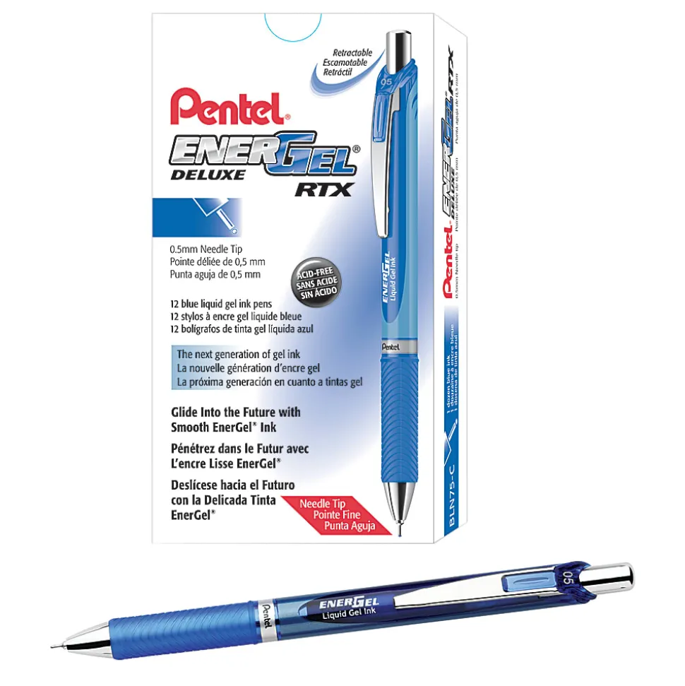 Pentel® EnerGel™ RTX Retractable Liquid Gel Pens, Fine Point, 0.5 mm, 54% Recycled, Blue, Pack Of 12 Pens