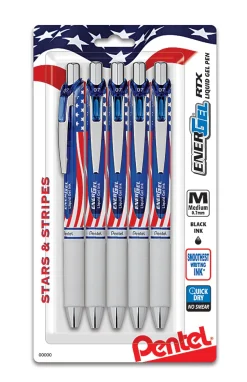 Pentel® EnerGel® Stars & Stripes Liquid Gel Pens, Pack Of 5, Medium Point, 0.7 mm, Red/White/Blue Barrel, Black Ink