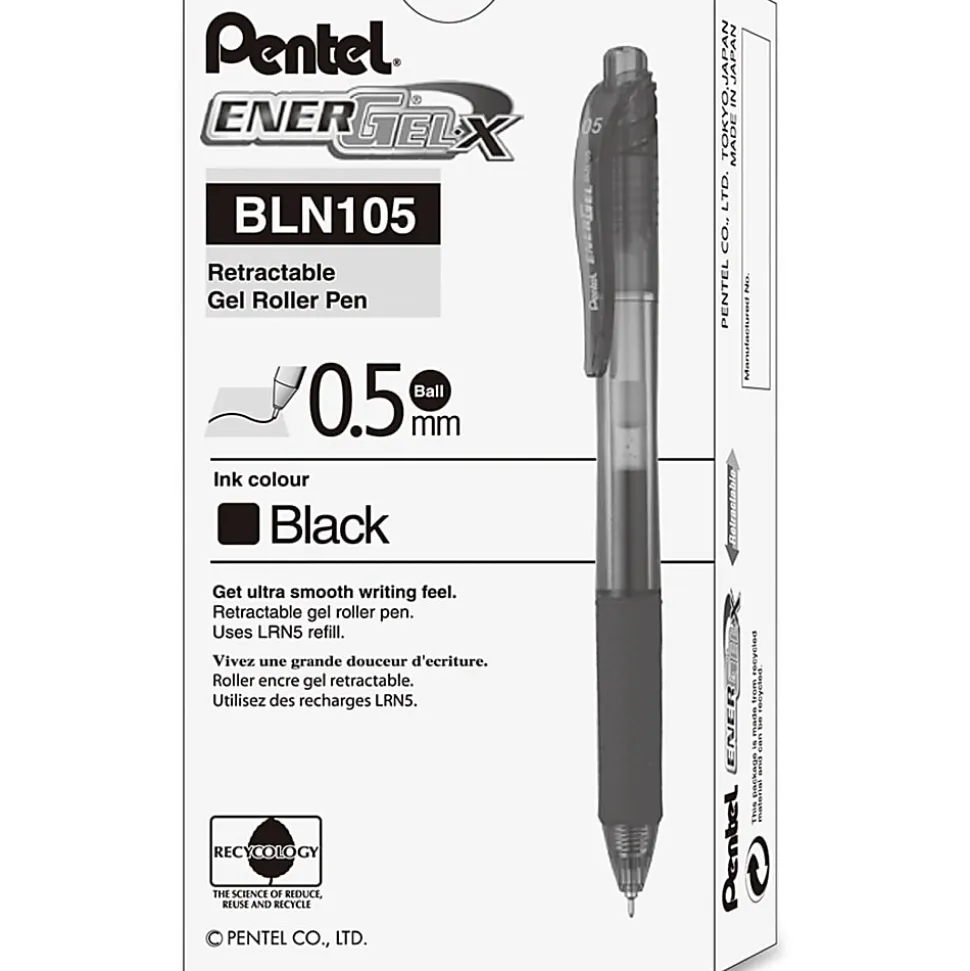 Pentel® EnerGel™ X Retractable Liquid Gel Pens, Fine Point, 0.5 mm, Black Barrel, Black Ink, Pack Of 12 Pens